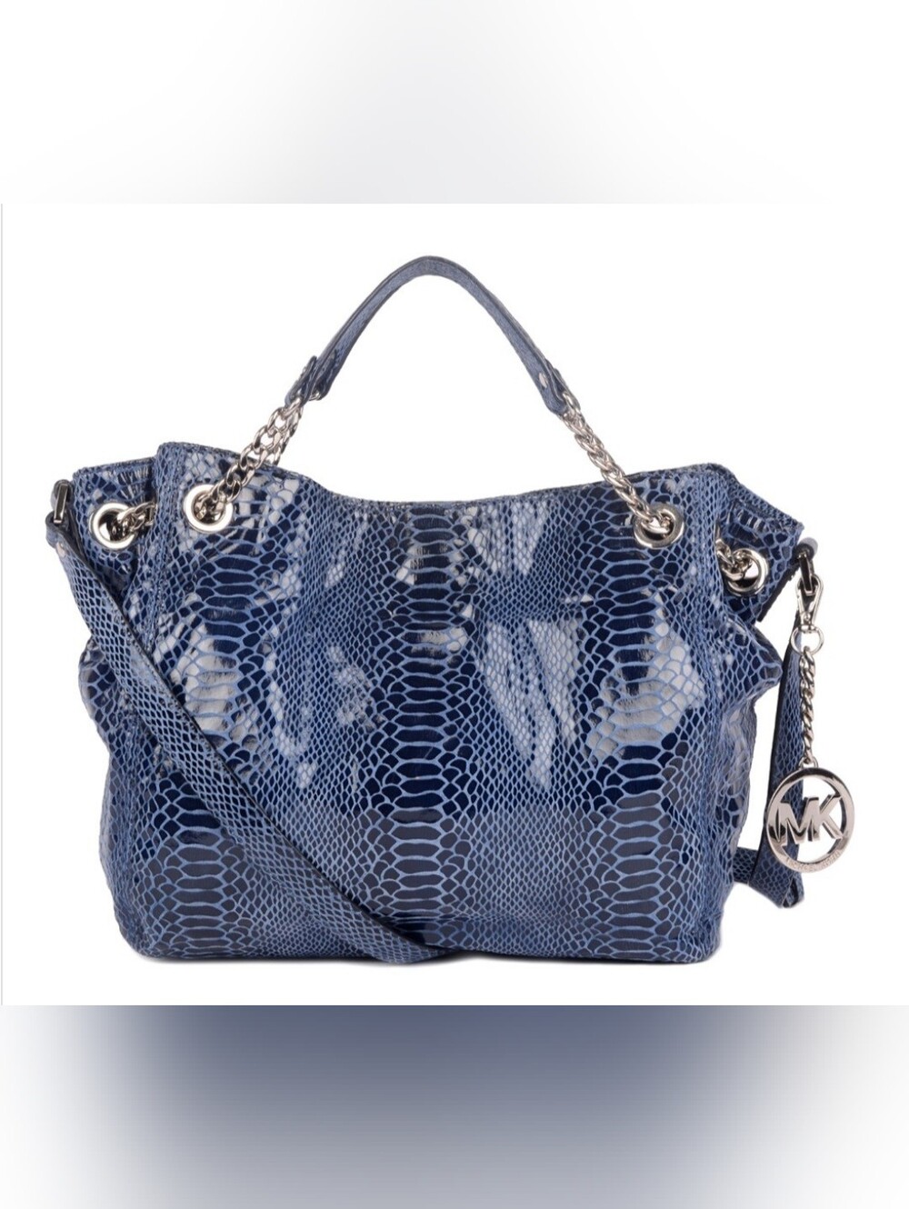 Michael Kors Blue Snake-Embossed Tote with Chain Handles